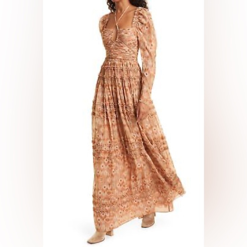 Ulla Johnson Rabia Paisley Printed 100% Silk Ruffle Long Sleeve Maxi Dress US 0